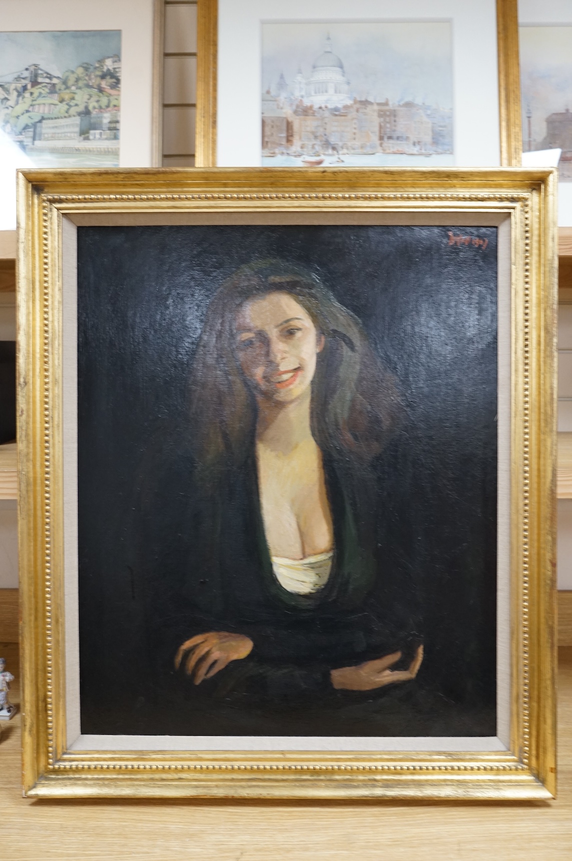 Charles McCall (Scottish, 1907-1989), 'Laughing woman', signed and indistinctly dated, Christies, St James, London, September 1995 label and details verso, oil on board, 75 x 61cm